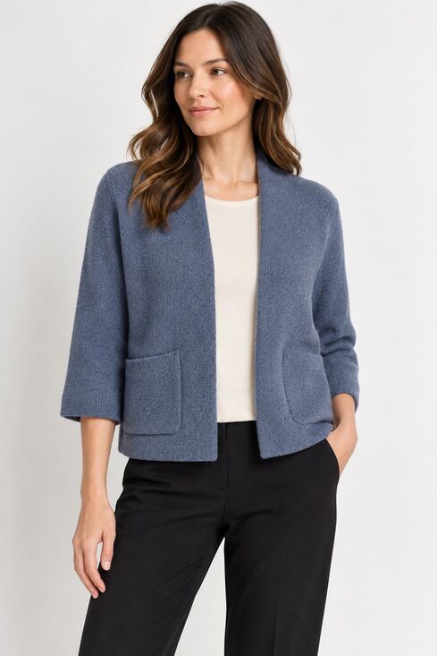Eileen Fisher Sweaters - Eileen Fisher Blue Heather Wool Silk Boucle Open Front Cardigan Sweater Petite L